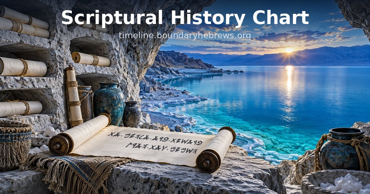 An open scroll with Genesis 1:1 in Paleo-Hebrew letters, in a cave above the Dead Sea at dawn